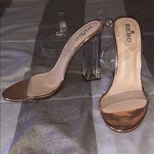 Clear, rose gold heels